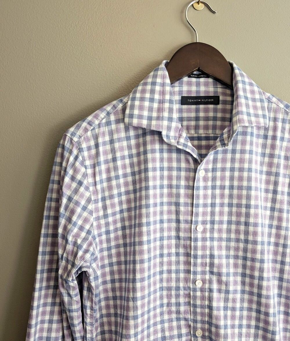 Tommy Hilfiger Mens 15 32/33 Medium Slim Fit Stretch Dress Shirt Purple Check LS